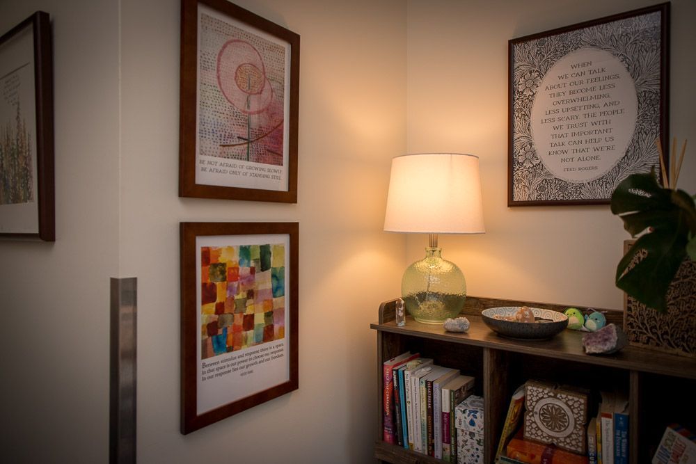 Fishers, Indiana counseling office with warm light and inspiring art on the walls.