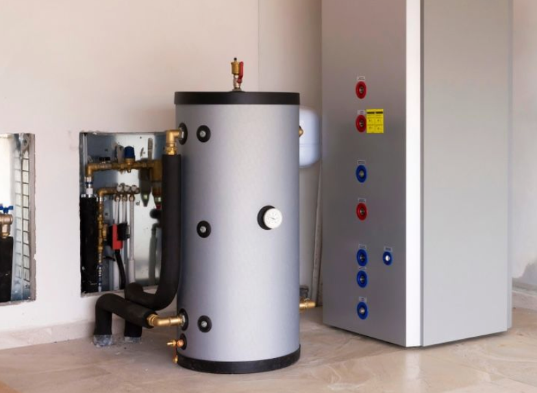 Domestic hot water system with tank, pipework and control unit in a plant room.