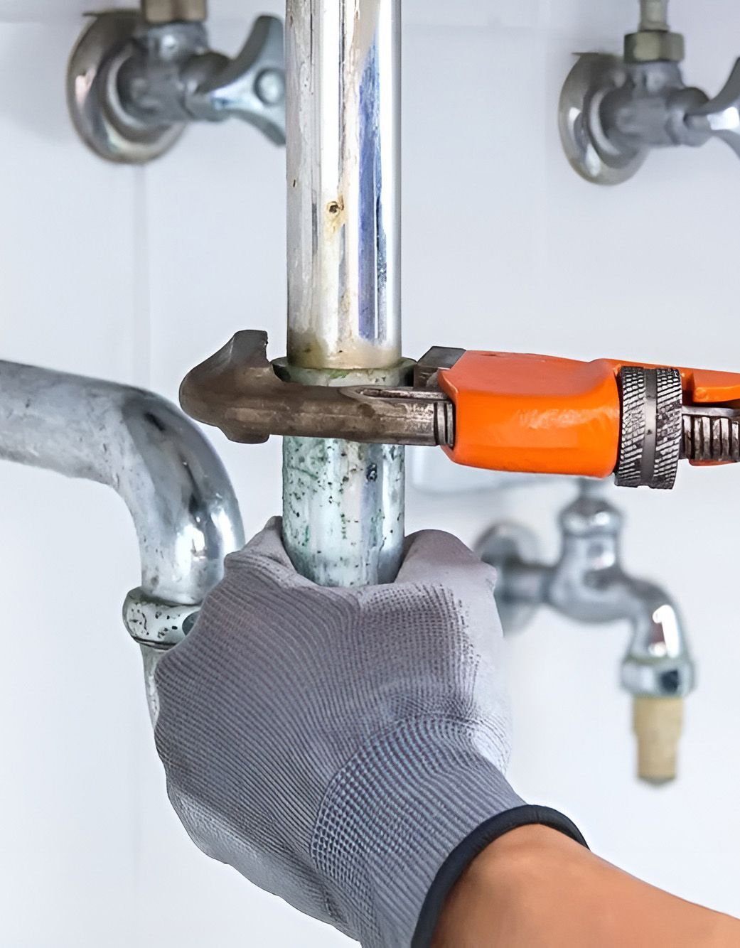 Plumber Using an Orange Wrench to Tighten a Pipe Under a Sink — Richardson Plumbing & Gas Service In Port Macquarie, NSW