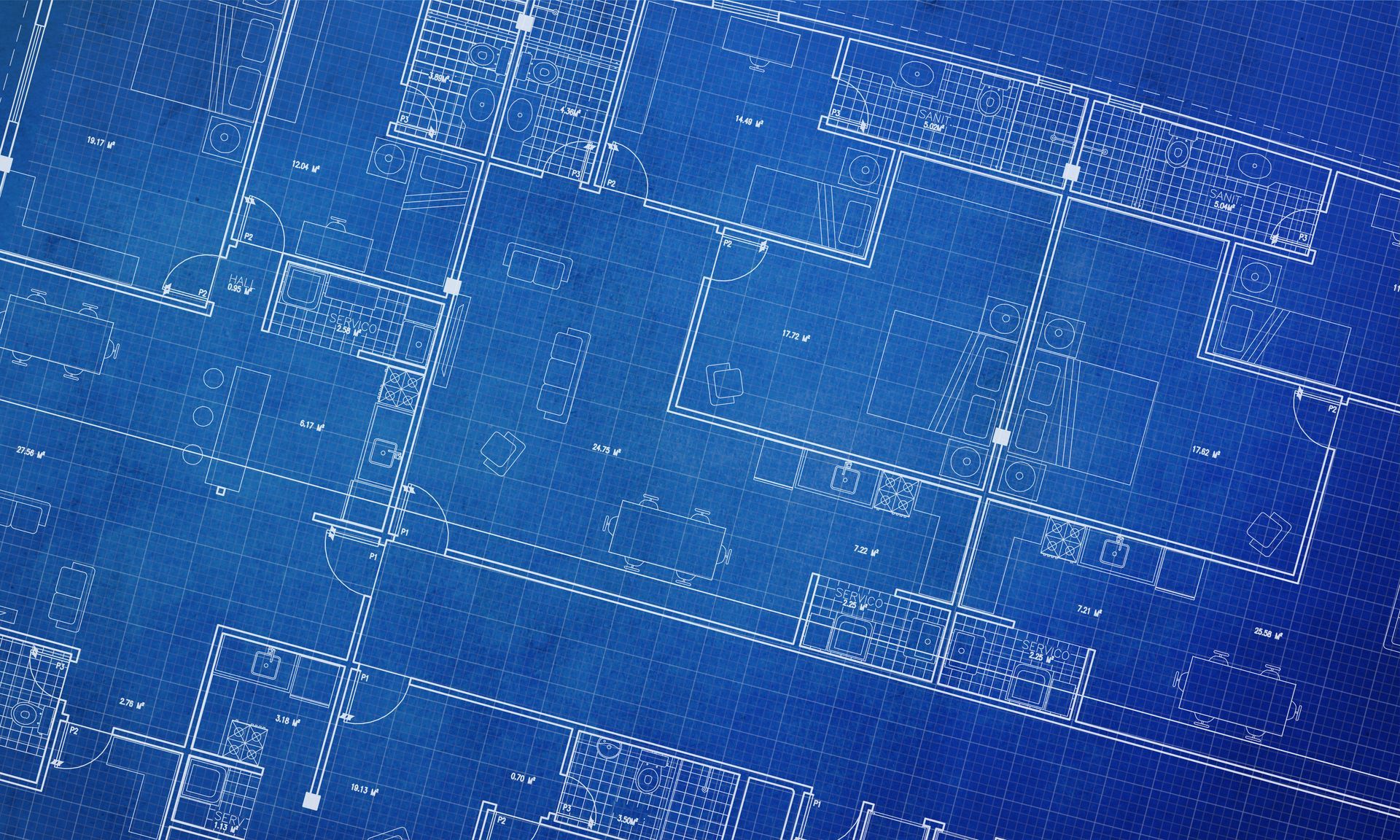 Blue architectural blueprint with white floor plan lines and measurements