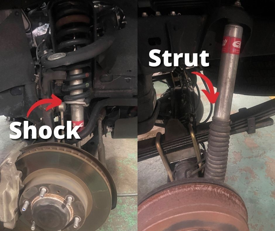 Vehicle suspension parts: left shows a shock, right shows a strut, both red-labeled and against black.