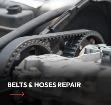 Close-up of a car engine showing a timing belt and other parts, text overlay "Belts & Hoses Repair"
