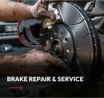 Mechanic working on a car's brake rotor, hands covered in grime. Text: Brake Repair & Service.