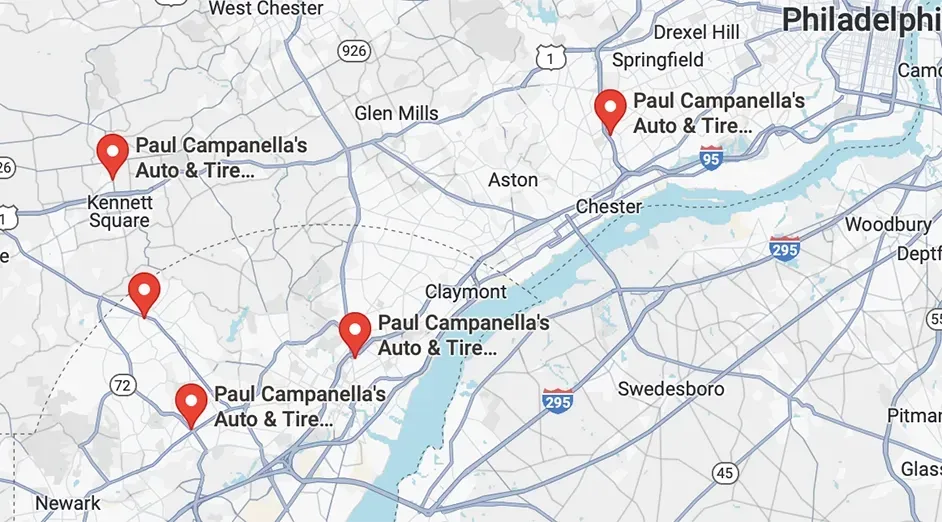 Map with 4 red markers for Paul Campanella's Auto & Tire locations in the Philadelphia area.