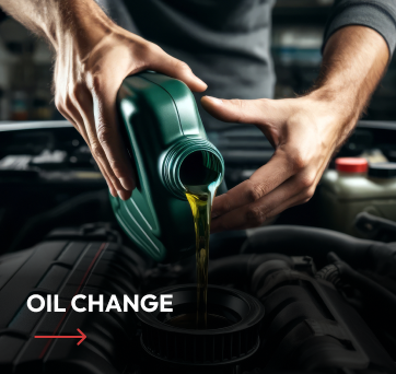 A person pouring oil from a green bottle into a car engine during an oil change.