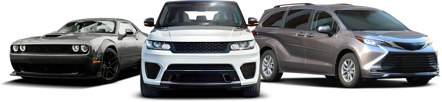 Three vehicles: a gray muscle car, a white SUV, and a light blue minivan. They are all facing the viewer.
