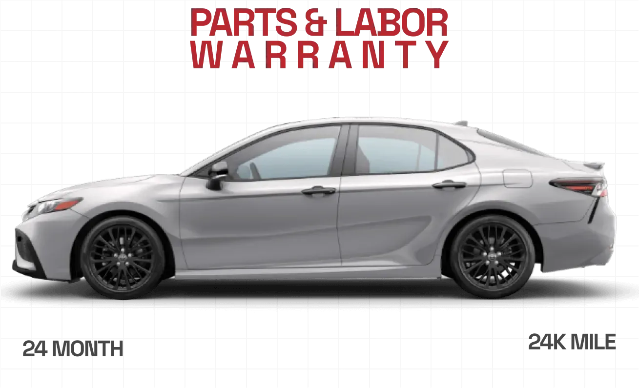 Silver sedan with black wheels. Parts and Labor warranty for 24 months/24K miles.