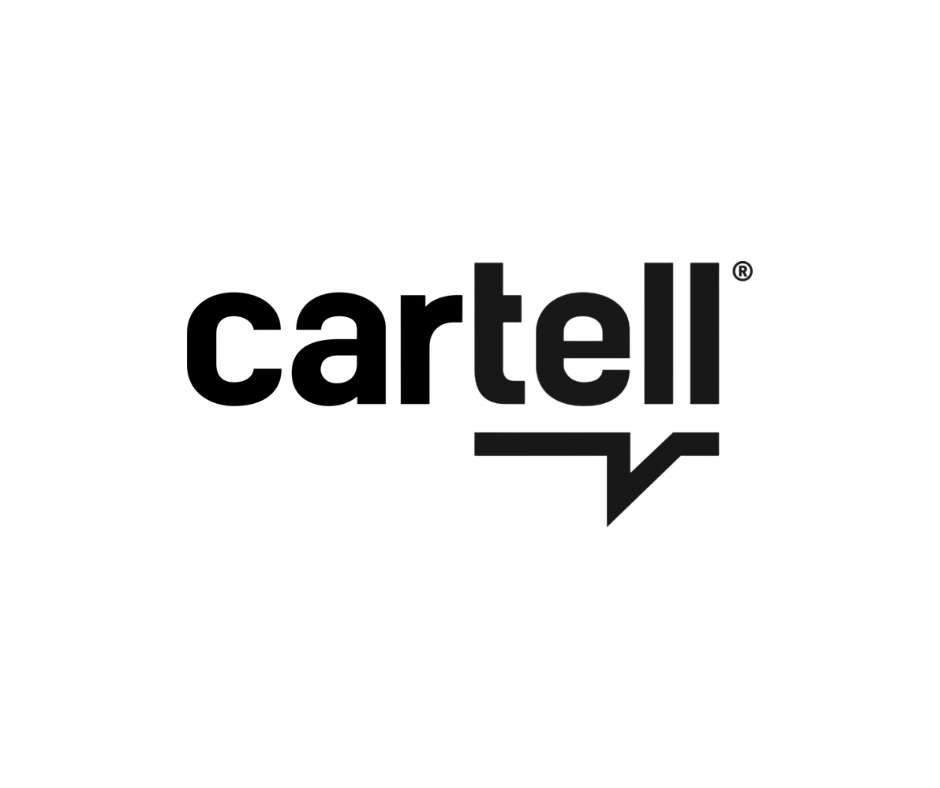 Cartell logo in black lowercase text with a speech-bubble underline on a white background