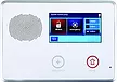 A white thermostat with a screen and buttons on it.