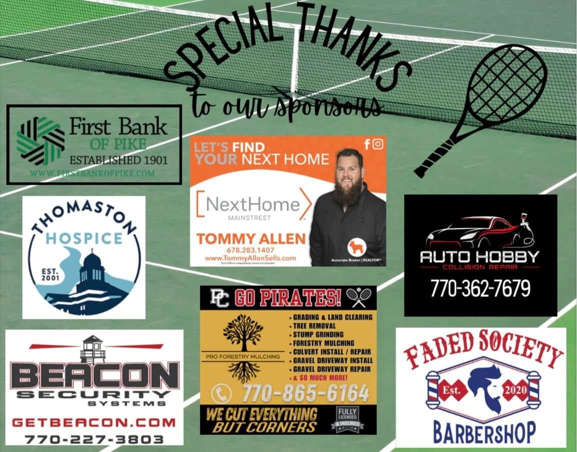 Sponsor collage on green tennis court background with logos, ad boxes, and “Special Thanks” text