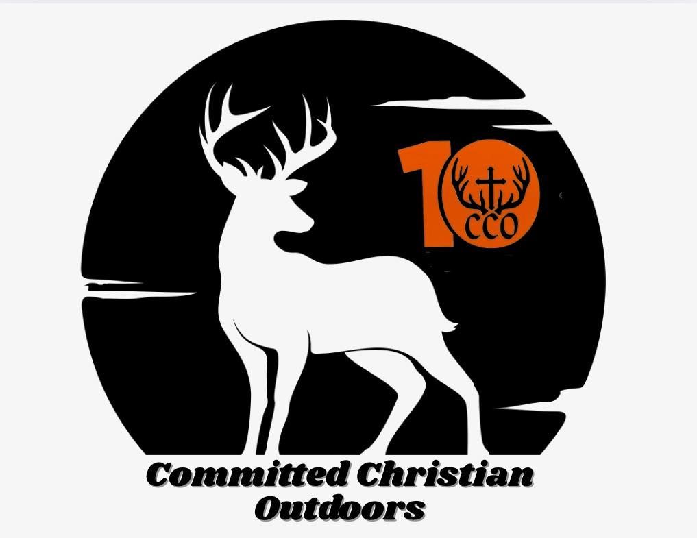 White deer logo with orange CCO moon graphic and “Committed Christian Outdoors” text on black background