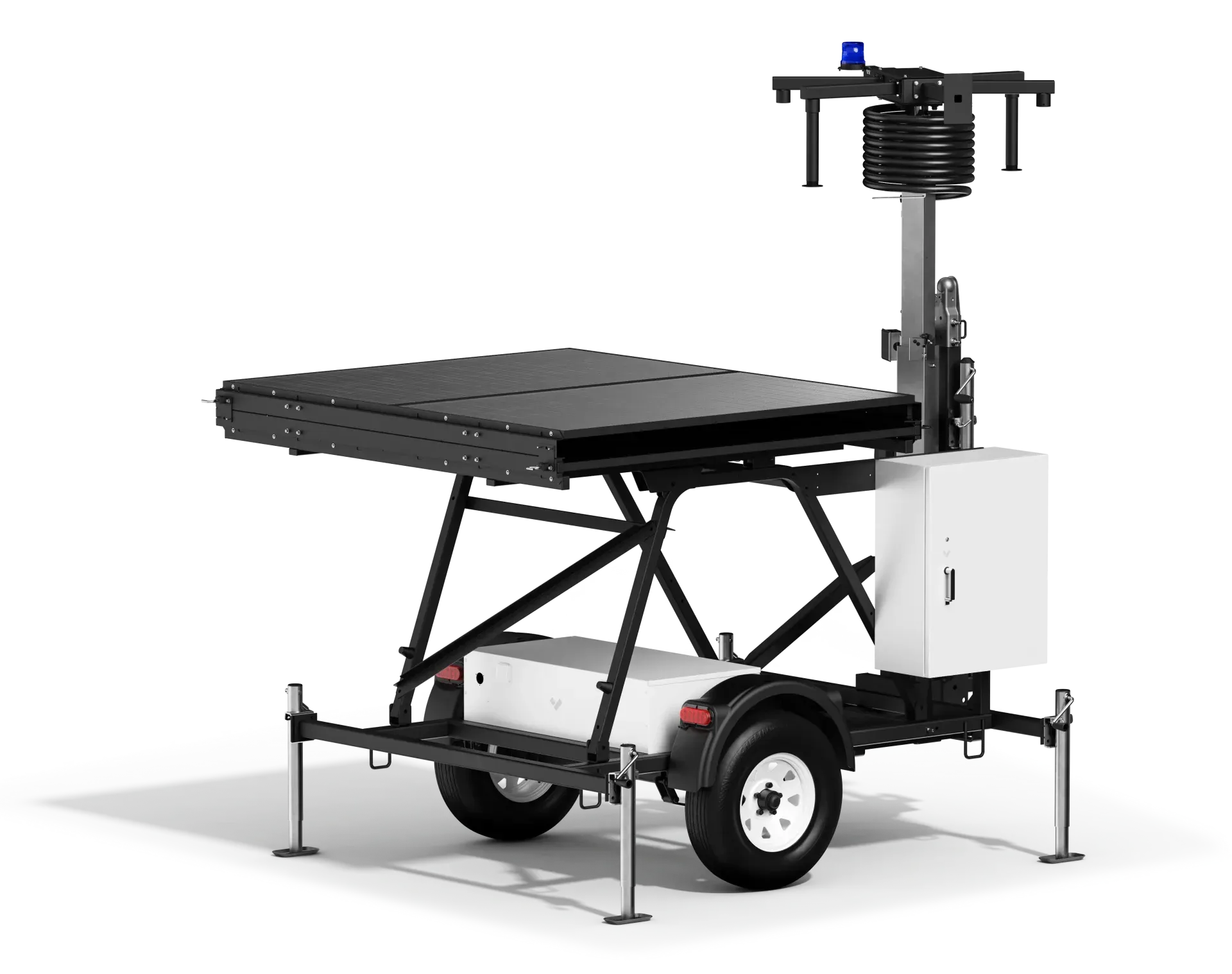 Portable weather station trailer with solar panel, sensors, and four stabilizing legs