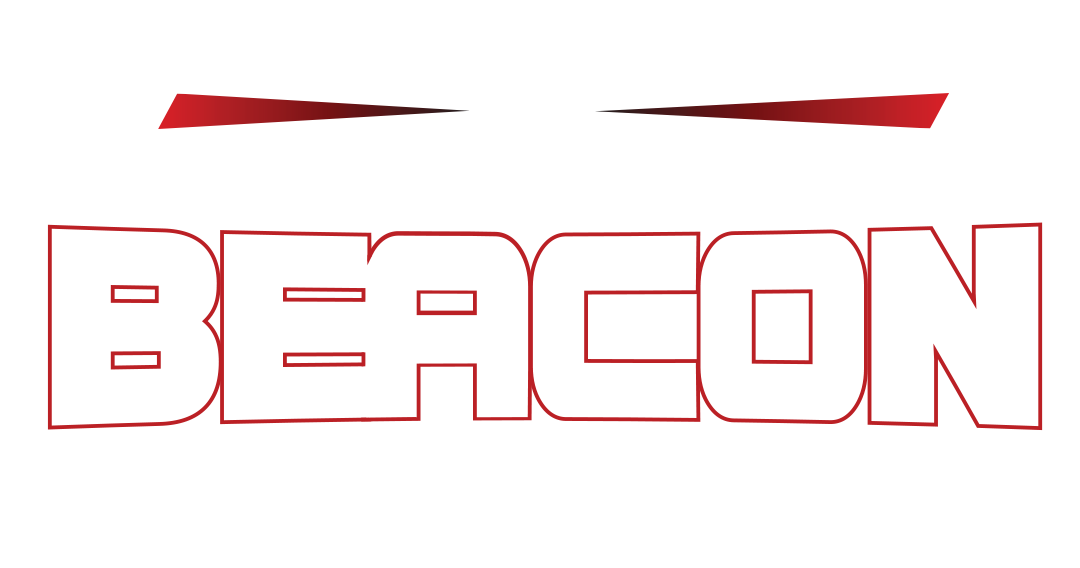The word beacon is written in red letters on a white background.