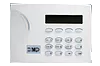 A white keypad with a digital display on a white background.