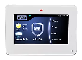 A white security system with a shield on the screen.