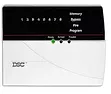 A white and black alarm system with a green light on it.