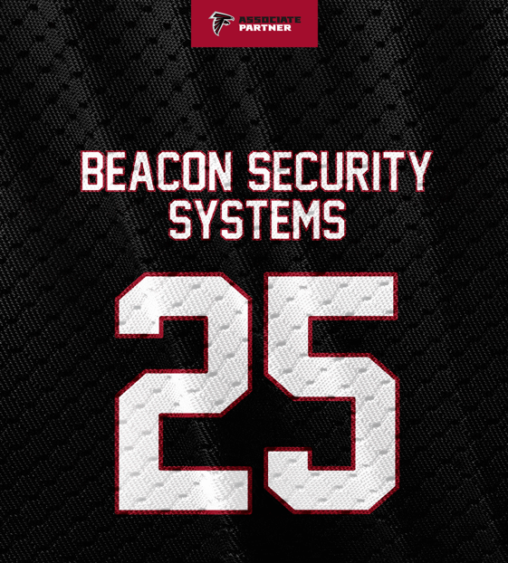 Beacon Security Systems jersey number 25 in white with red outline on a black textured background