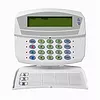 A white keypad with a green screen on a white background.