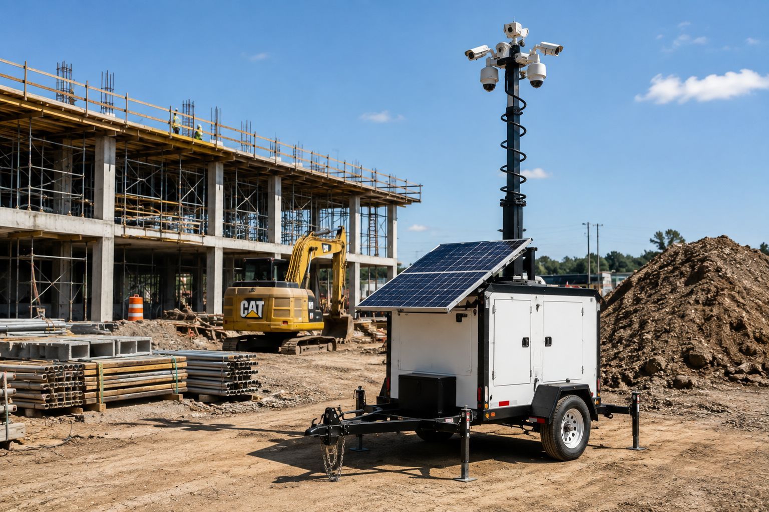 Mobile security trailer monitoring a construction site with surveillance cameras to prevent theft.