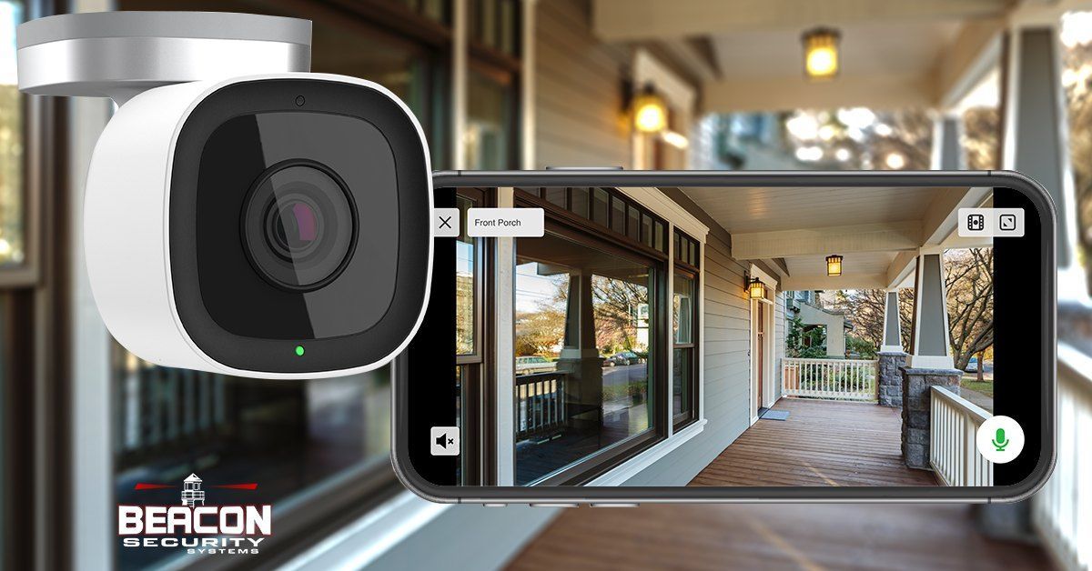 Security camera mounted on a storefront, viewing a covered walkway through a phone screen