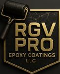 RGV Pro Epoxy Coatings LLC logo with gold text and a paint roller on a black shield background