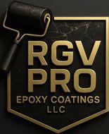 RGV Pro Epoxy Coatings LLC logo with gold text and a paint roller on a black shield background
