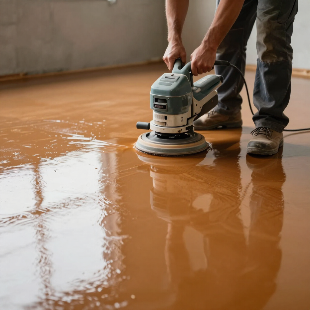 Person using a floor buffer to polish a glossy brown floor in a room