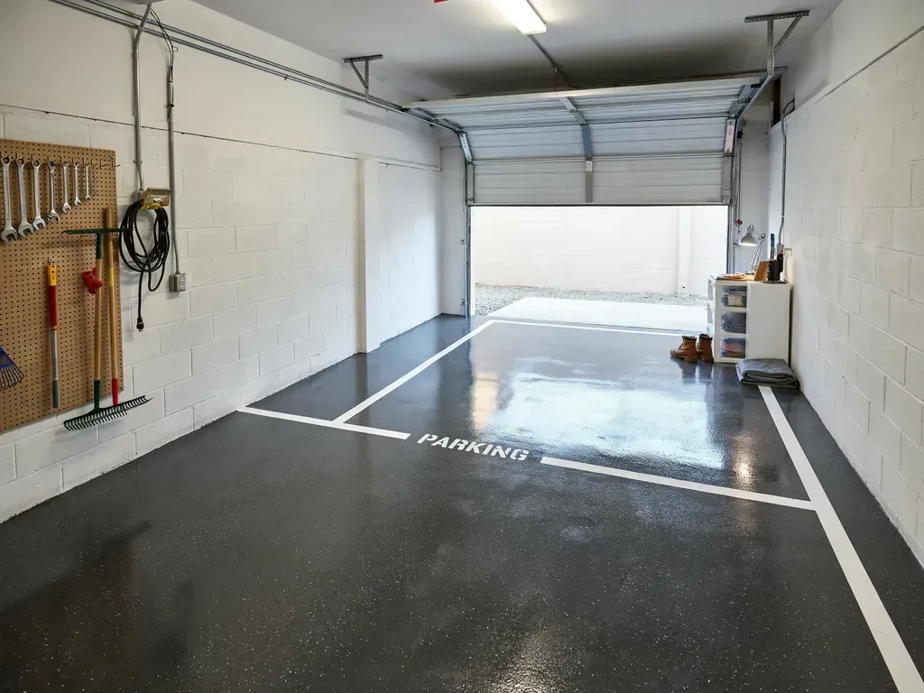 Empty garage with glossy black floor, white walls, and tools on a pegboard near the open door.
