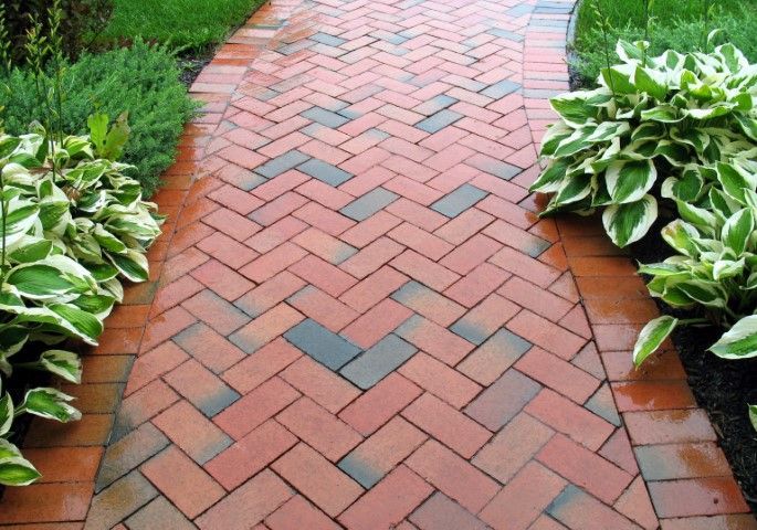 Red herringbone brick garden path bordered by green and white hostas.