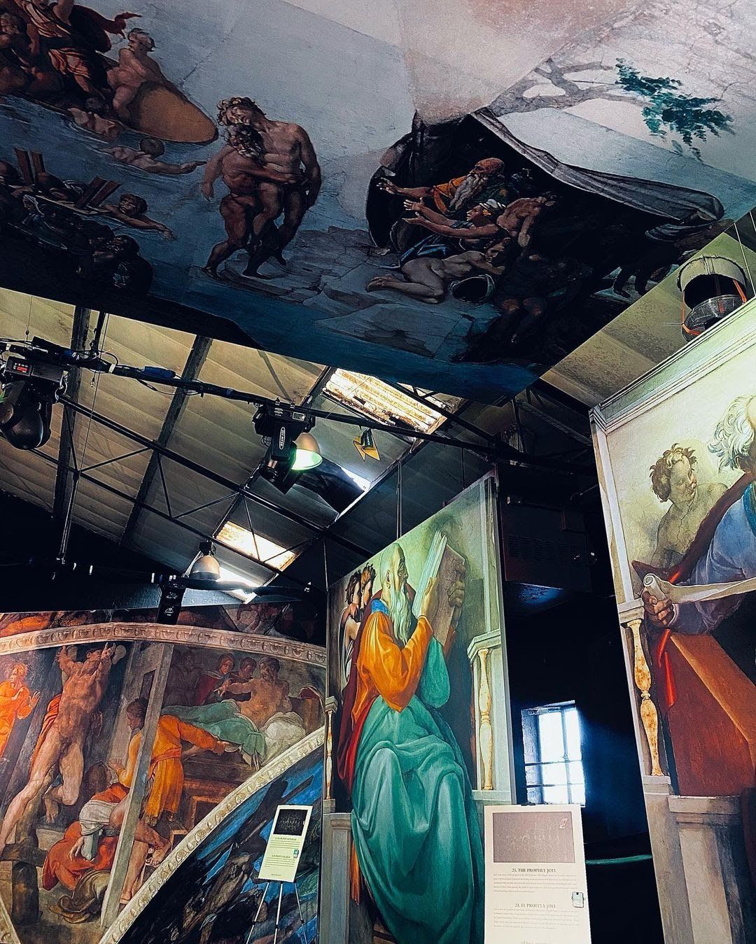 Ceiling and wall frescoes in a room, with figures and art. Lighting fixtures and computer visible.