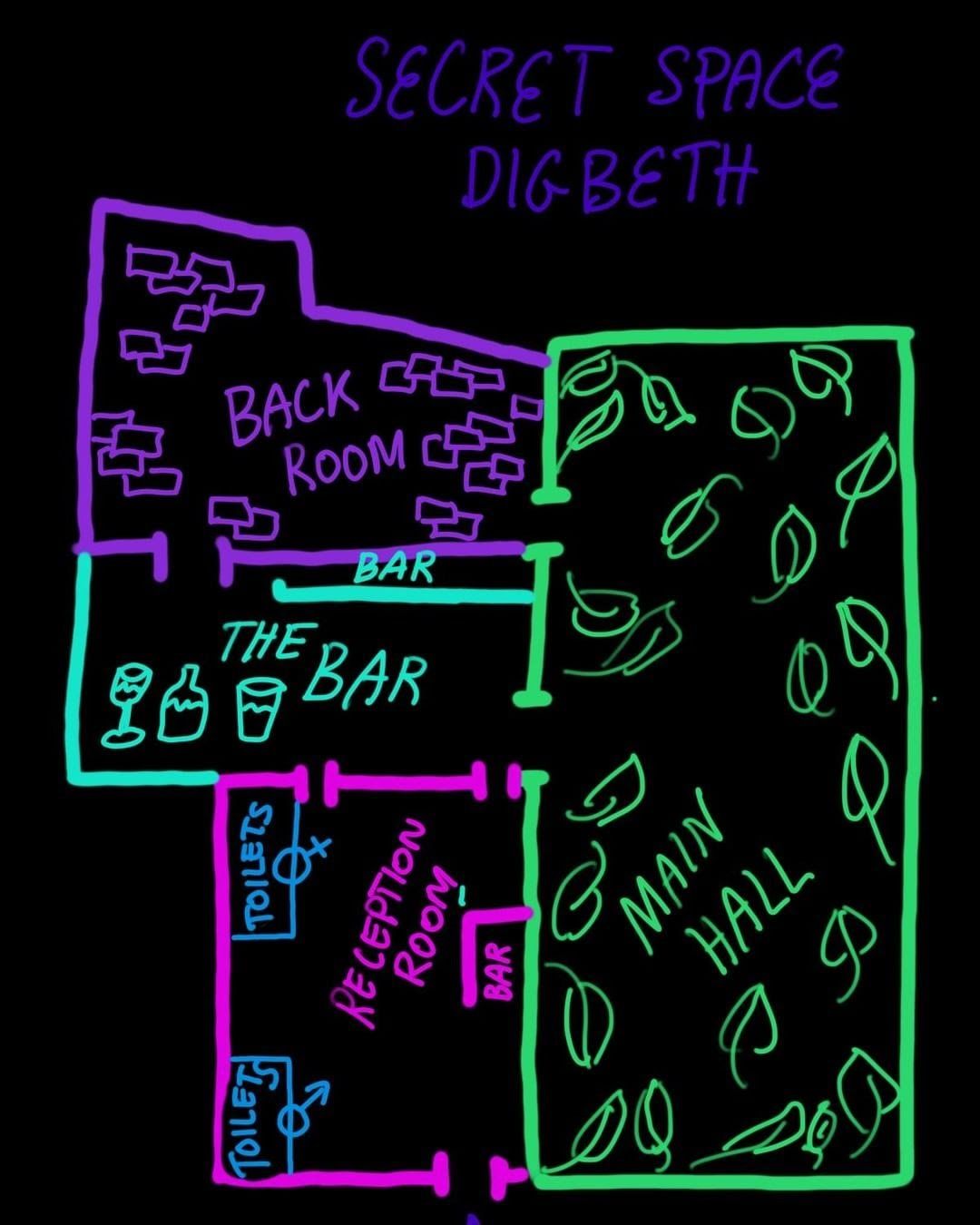 Hand-drawn map of a bar called 