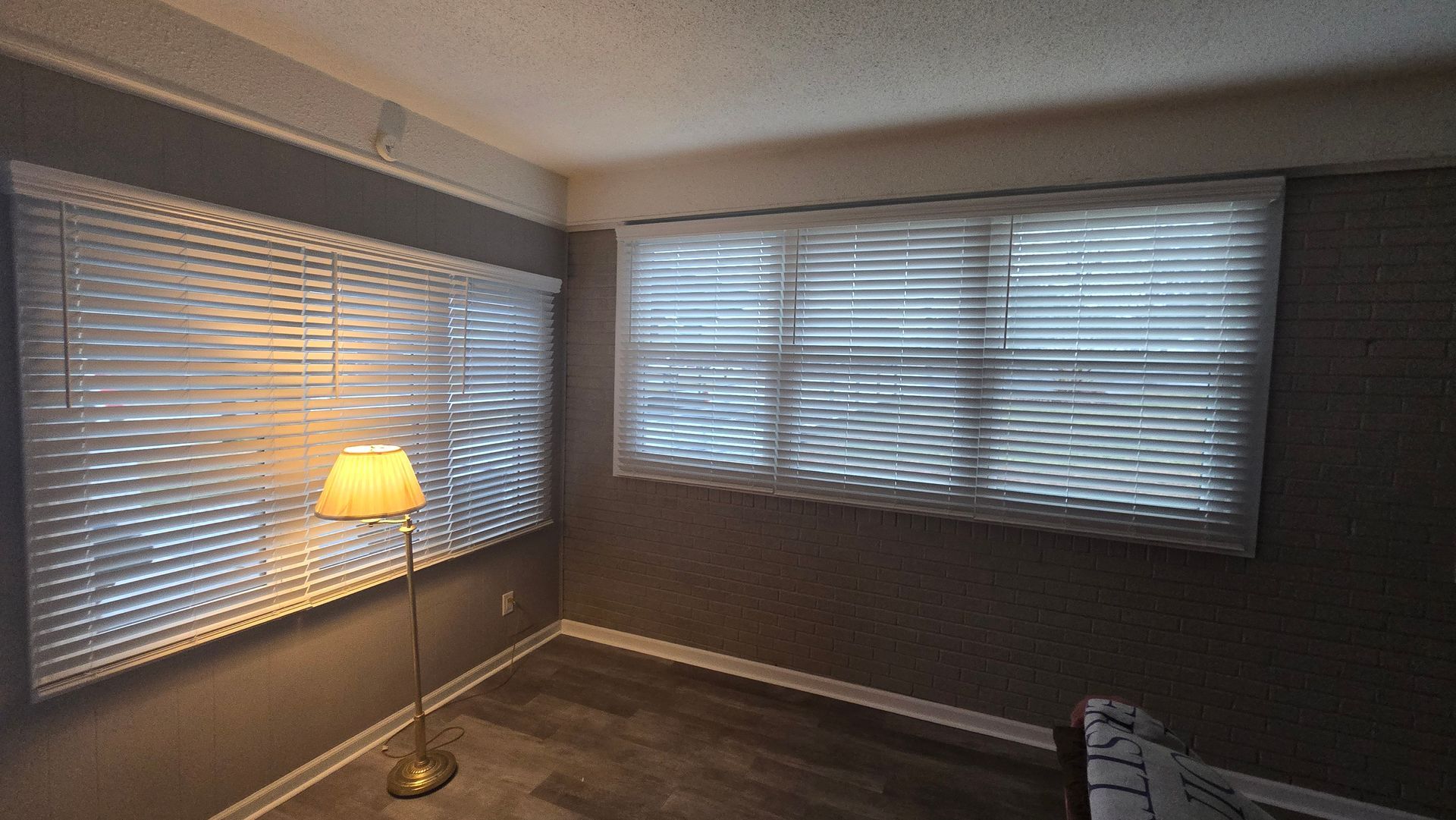 Small room with closed blinds, a floor lamp, and dark walls.
