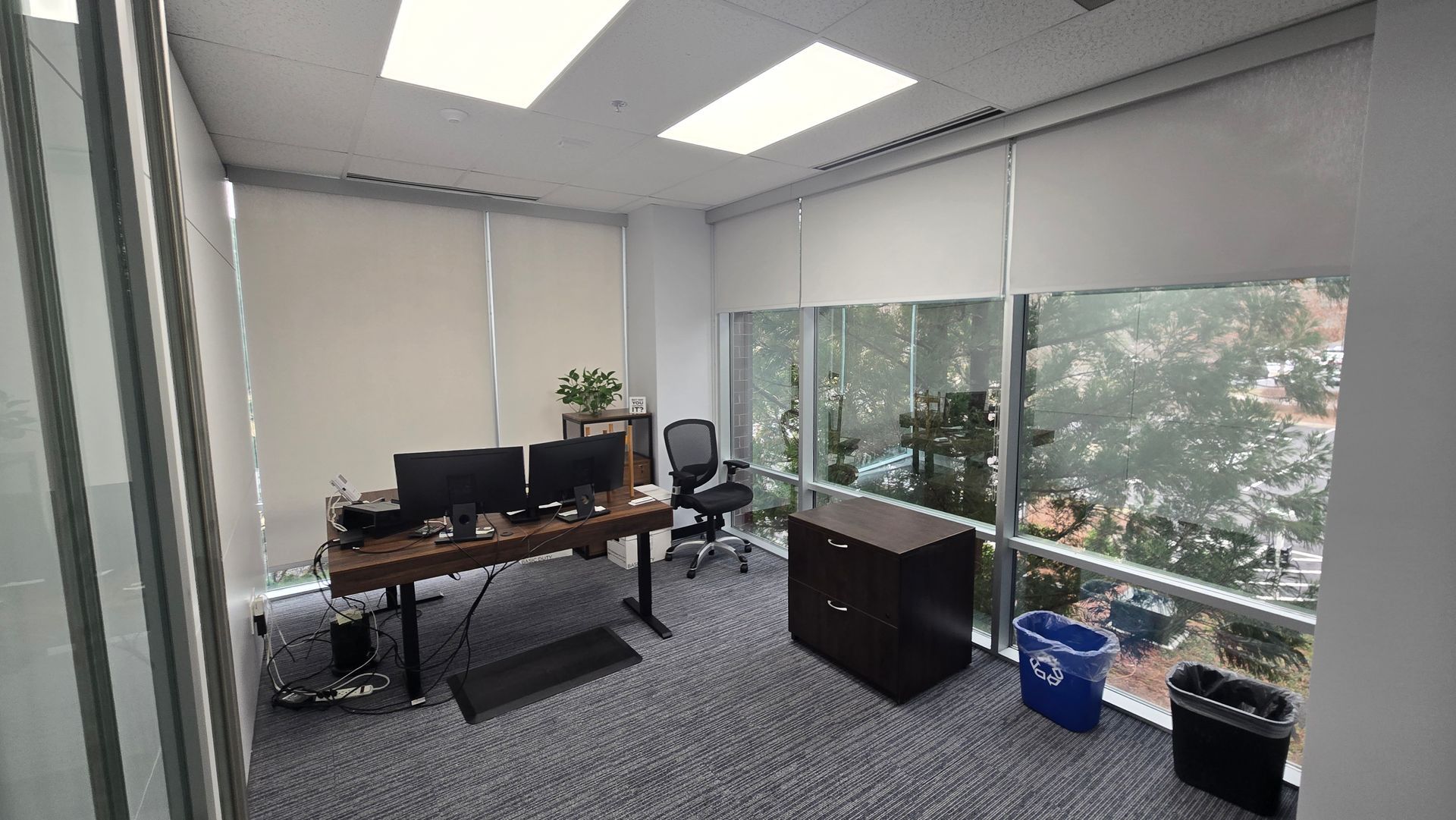 Quiet office with desks, chairs, computer monitors, and large windows overlooking greenery