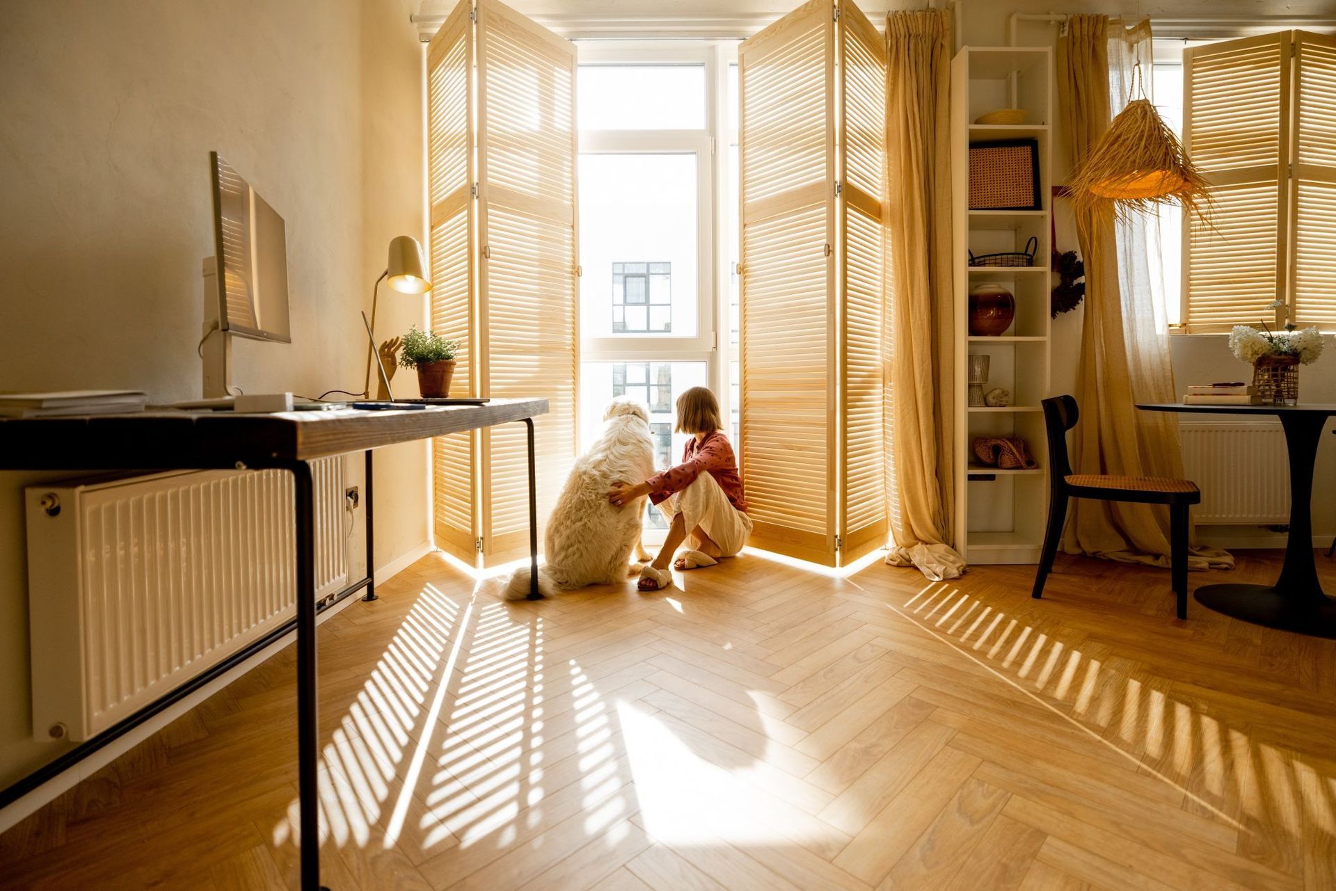 young woman sits her dog
