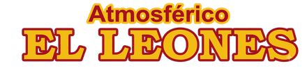 Logotipo con la inscripción “Atmosférico EL LEONES” en texto rojo y dorado sobre un fondo azul claro.
