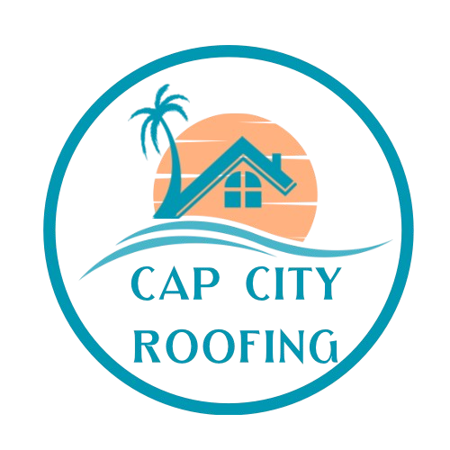 Circular logo for Cap City Roofing with a house, palm tree, and ocean.