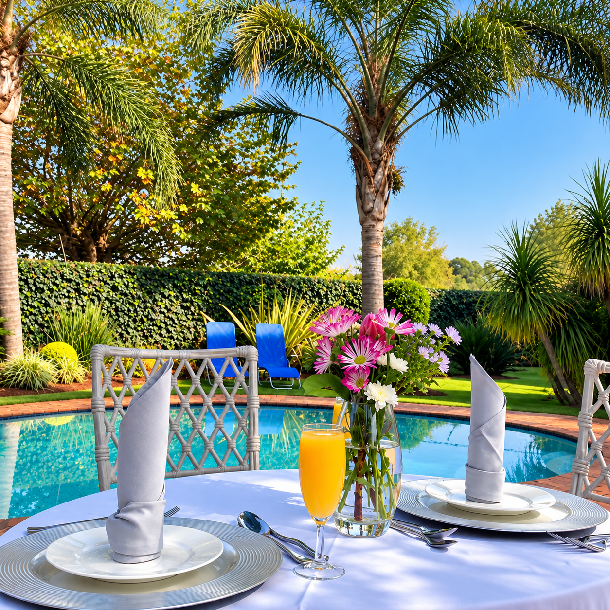 Table set by a turquoise pool with a vase of pink flowers, orange drink, and palm trees in the background