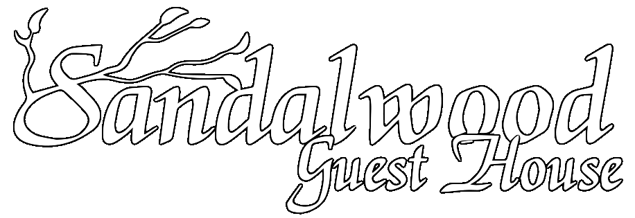 Sandalwood Guest House logo with decorative script and a small palm tree