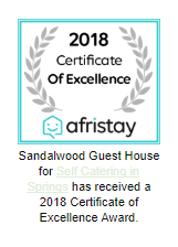 2018 Certificate of Excellence for Sandalwood Guest House by afristay, with laurel wreath design