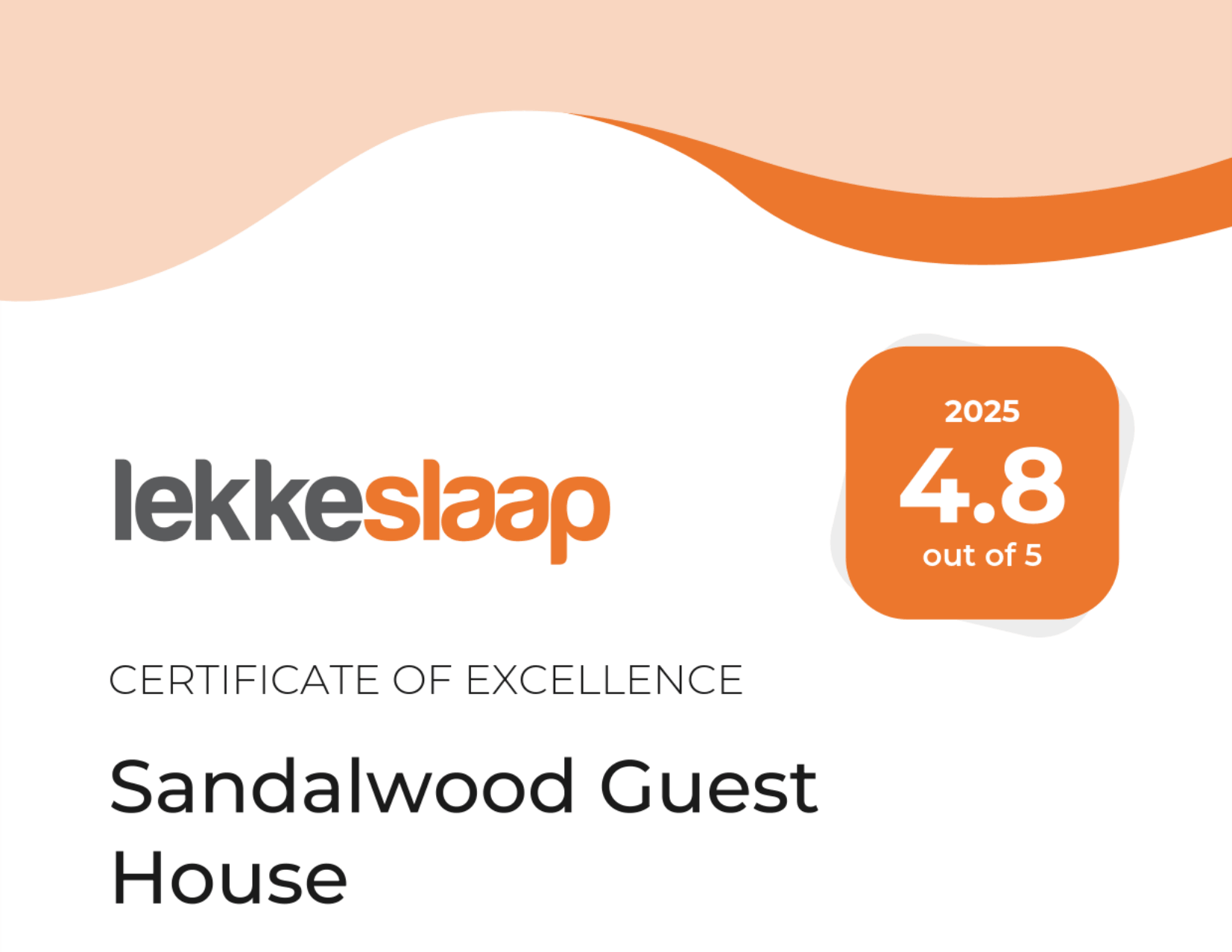 Lekkeslaap certificate of excellence for Sandalwood Guest House, 2025 rating 4.8 out of 5
