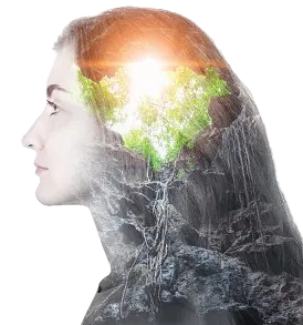 Woman's profile overlaid with a rocky landscape and bright light, suggesting nature and thought.