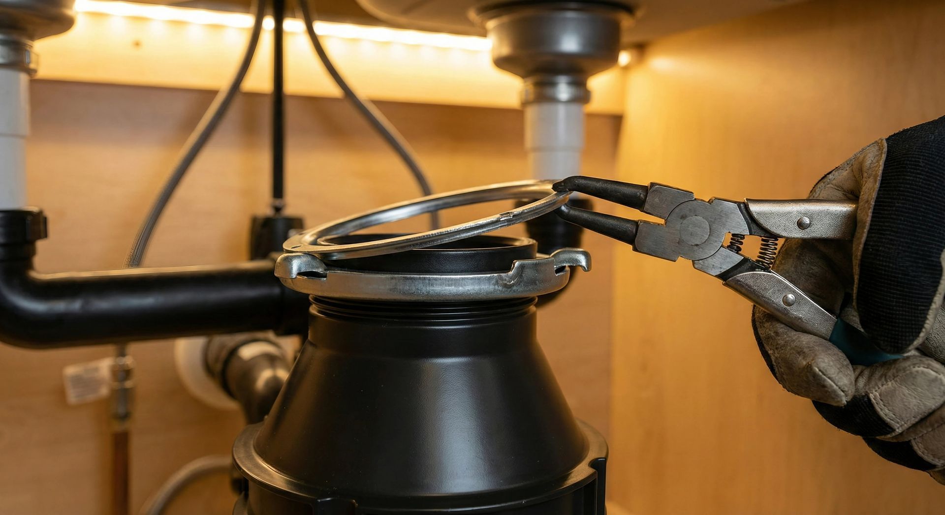 Pliers gripping a metal ring under a kitchen sink, with pipes and warm cabinet lighting.