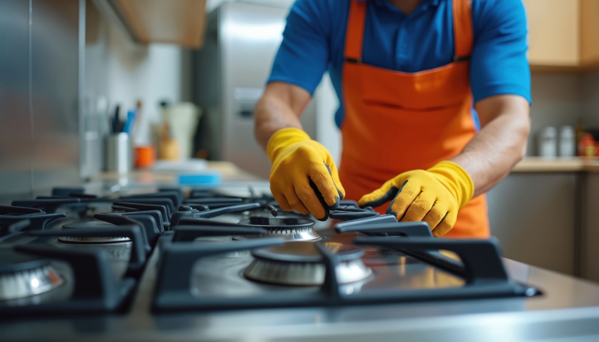 Technician in orange apron and yellow gloves adjusting gas stove burners in a kitchen