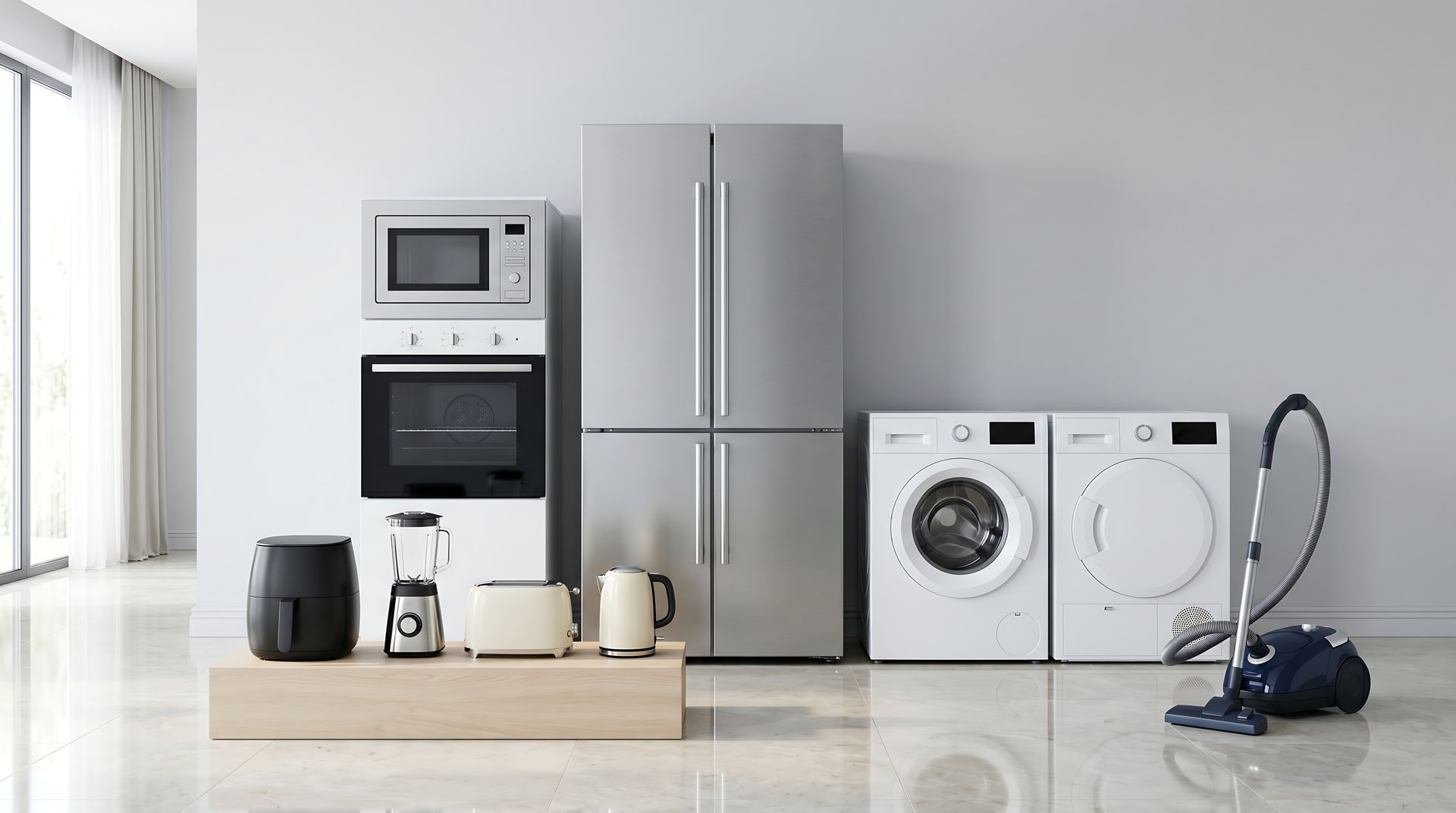 Modern kitchen with stainless steel fridge, microwave, washer, dryer, vacuum, and small appliances on a wood counter