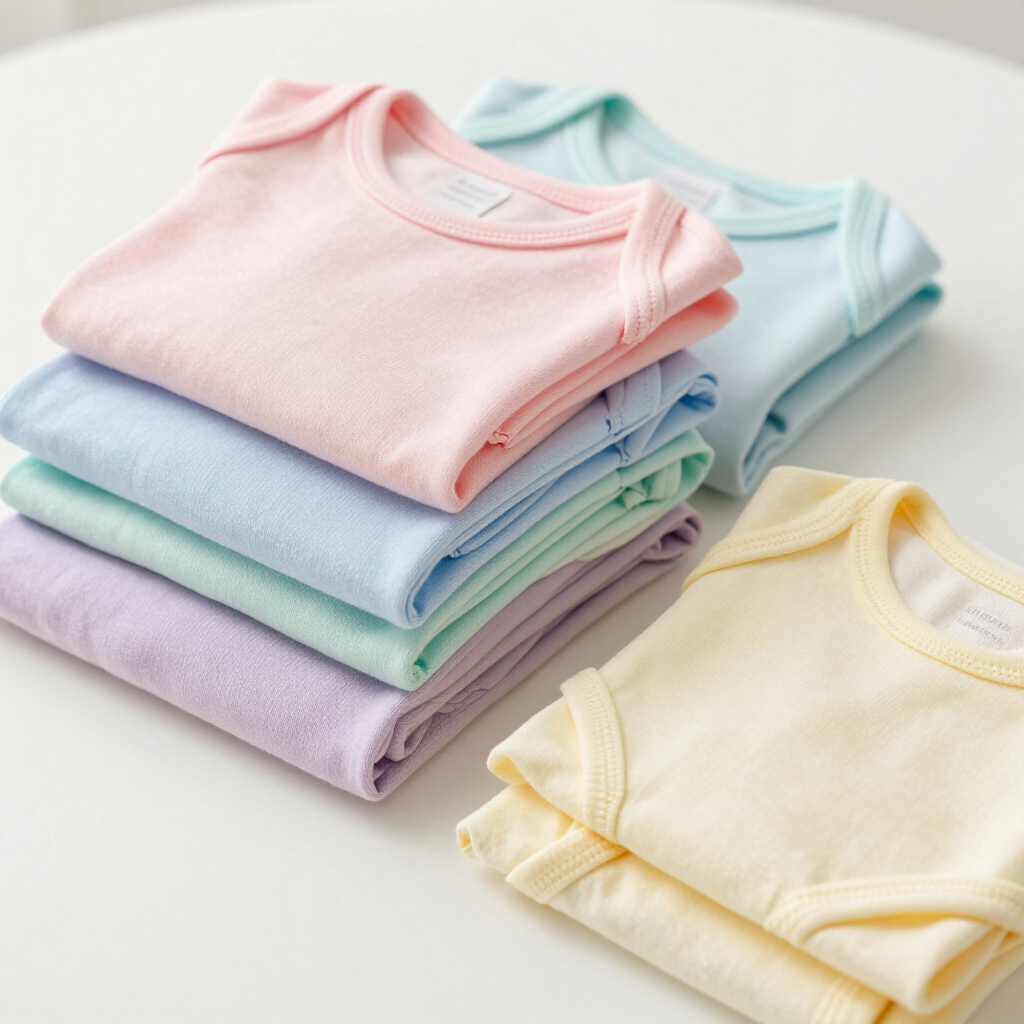 Monos de bebé apilados en tonos pastel de rosa, azul, verde, lavanda y amarillo sobre un fondo blanco.