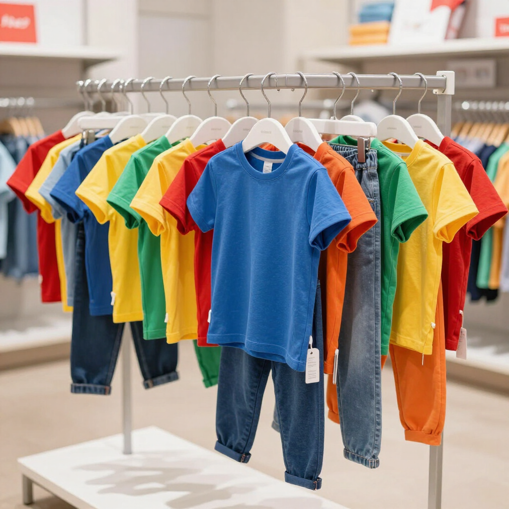 Camisetas y pantalones vaqueros infantiles de colores colgados en un perchero en una tienda.