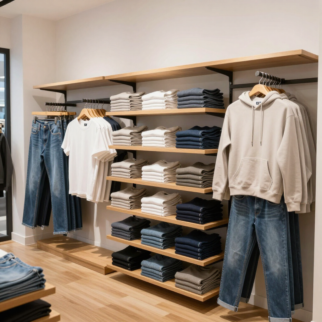 Exhibición de ropa en una tienda con suéteres doblados, jeans, sudaderas con capucha y camisas colgadas en estantes de madera.