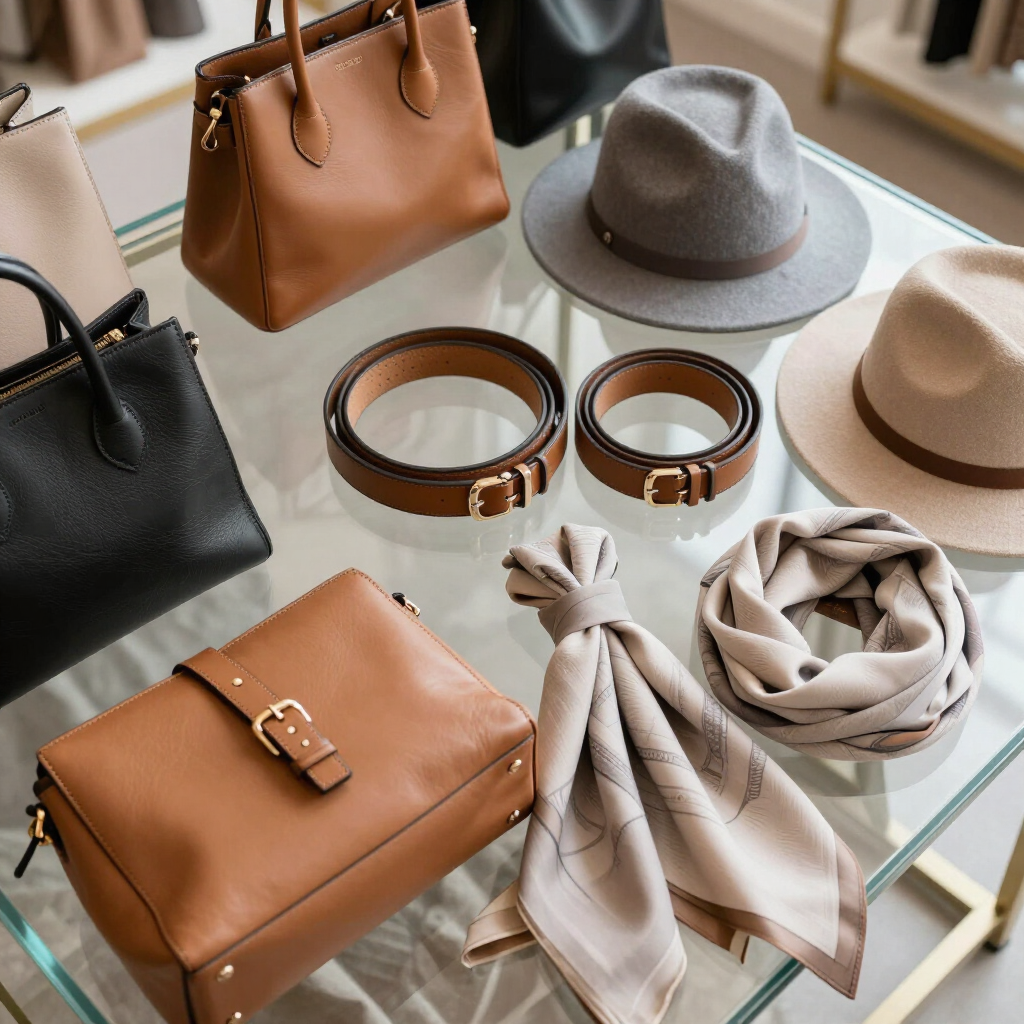 Bolsos, sombreros, cinturones y bufandas variados dispuestos sobre una mesa de exposición de cristal.