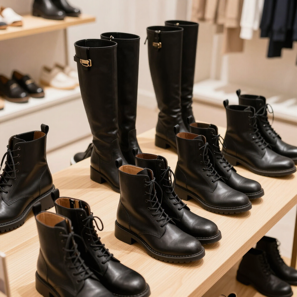 Botas y botines negros de mujer expuestos en estantes de madera en una zapatería.