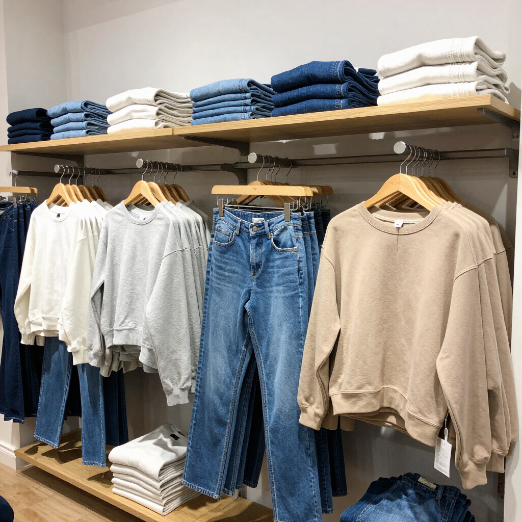 Exhibición de ropa en una tienda con jeans y suéteres doblados en estantes y blusas colgadas en percheros de madera.